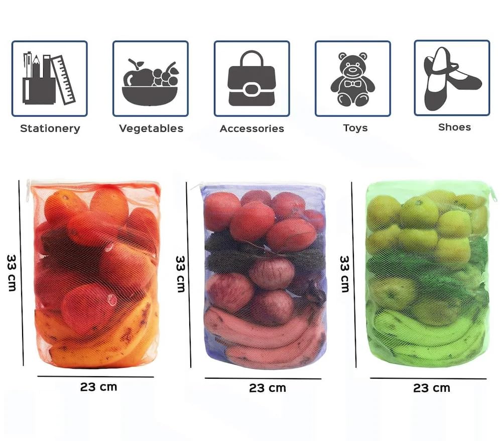 Shibui Vegetable bags for Fridge Storage Net Bag Vegetable and Fruit Reusable Produce Mesh Bags Grocery Shopping & Washable Reusable ziplock Multicolor. (Pack of 10) 3