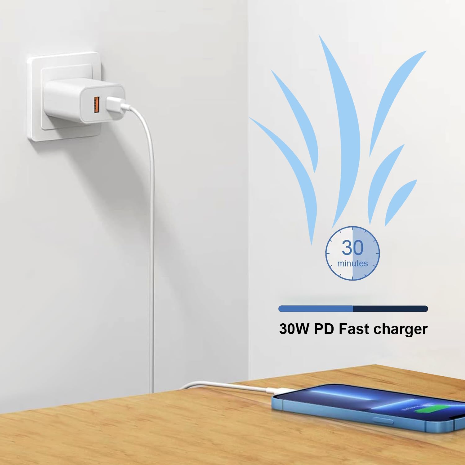 Adaptador de Corriente USB-C y USB-A de Doble Puerto de 30 W para Apple Watch Series Block, iWatch 9, iPhone 15 Block, iPad Charging Block 2024, AirPods Pro 2nd, Cargador de Pared GAN USB C Blanco