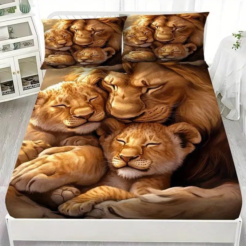 ライオンキングサイズ ボックスシーツ野生動物ベッドカバー柔らかい通気性マイクロファイバー 3点セット防ダニ高反発 吸水 速乾 抗菌