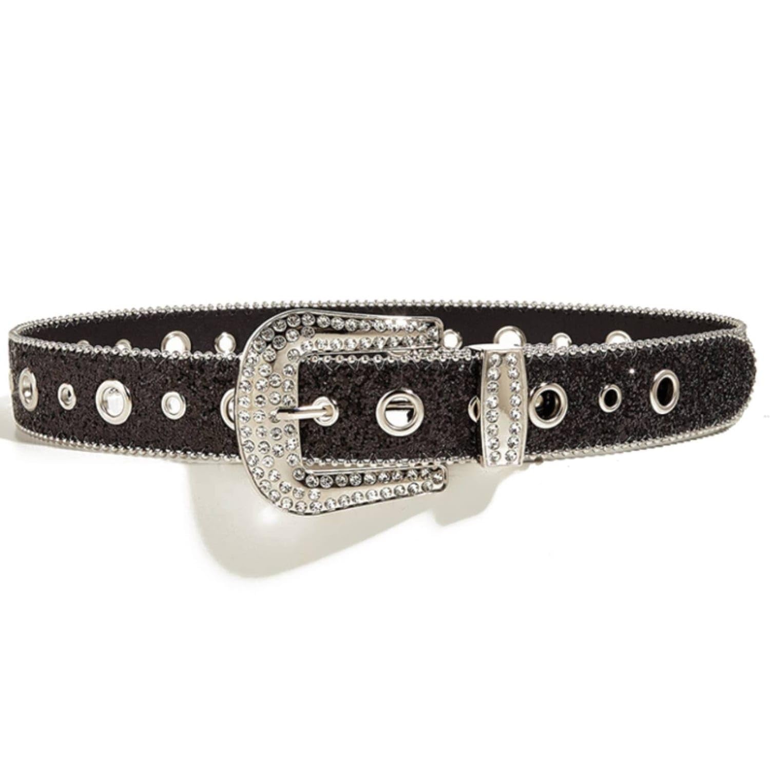 Glittering Sequin Belt Wide Belt with Rhinestone Buckle Adjustable Sparkling for Women, Jeans, Dresses, Going-Out, Black, 3.8CM L-image-44