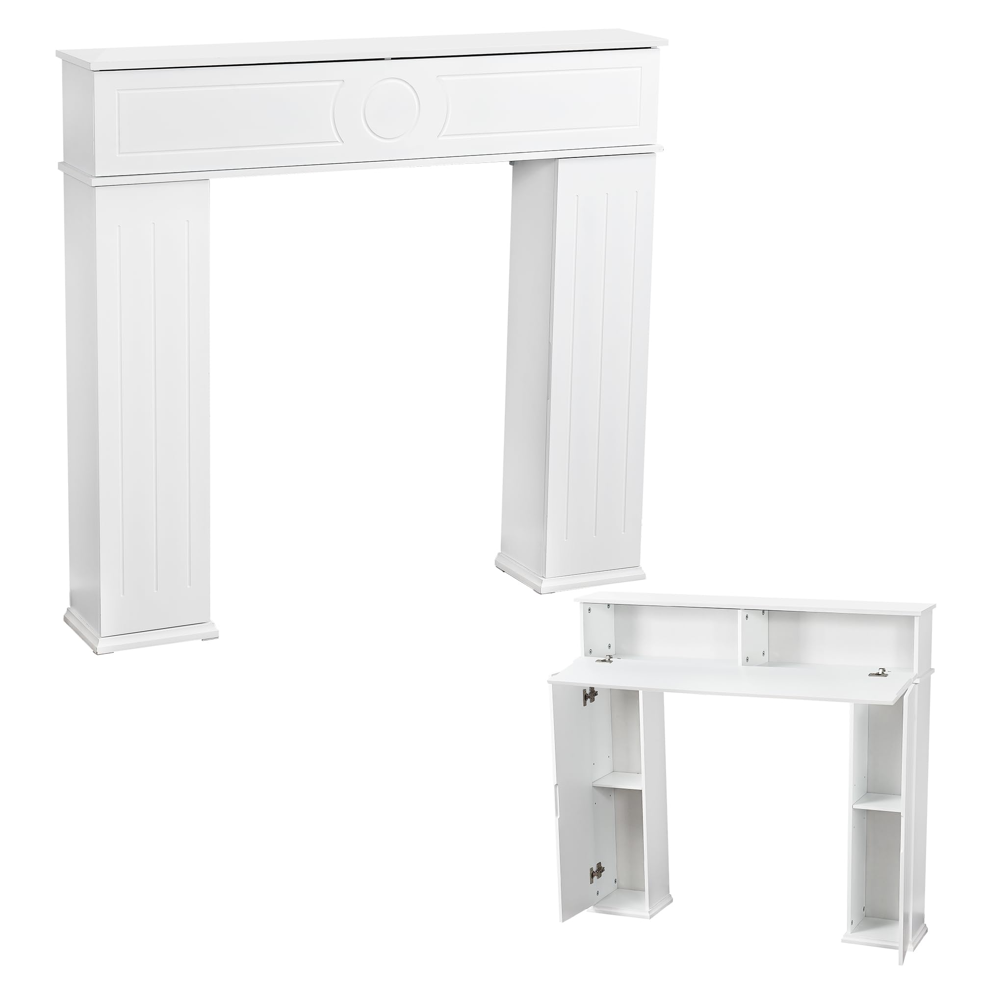 Cappotto da Camino 107 x 19 x 100 cm, Telaio Bianco in Legno, 3 Ante Mobili, Consolle Decorativa Con Deposito per Soggiorno e Camera da Letto