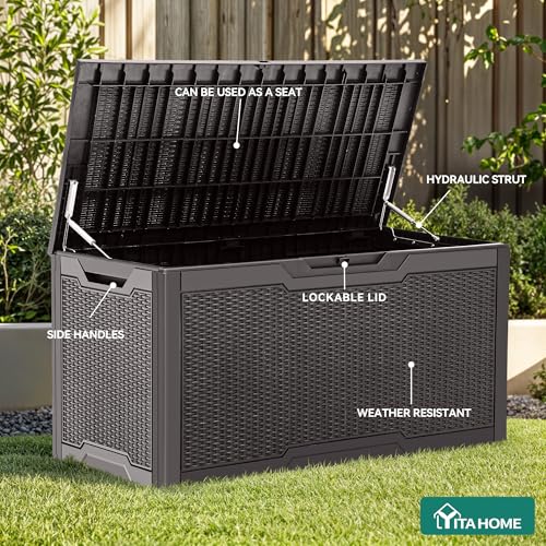 YITAHOME Garden Storage Box Waterproof, 380L Large Outdoor Storage Box with Lid, Lockable Patio Deck Boxes with Handles for Garden Tools Cushion Pillows Pool Supplies,120 x 53 x 63cm, Dark Brown - Image 3