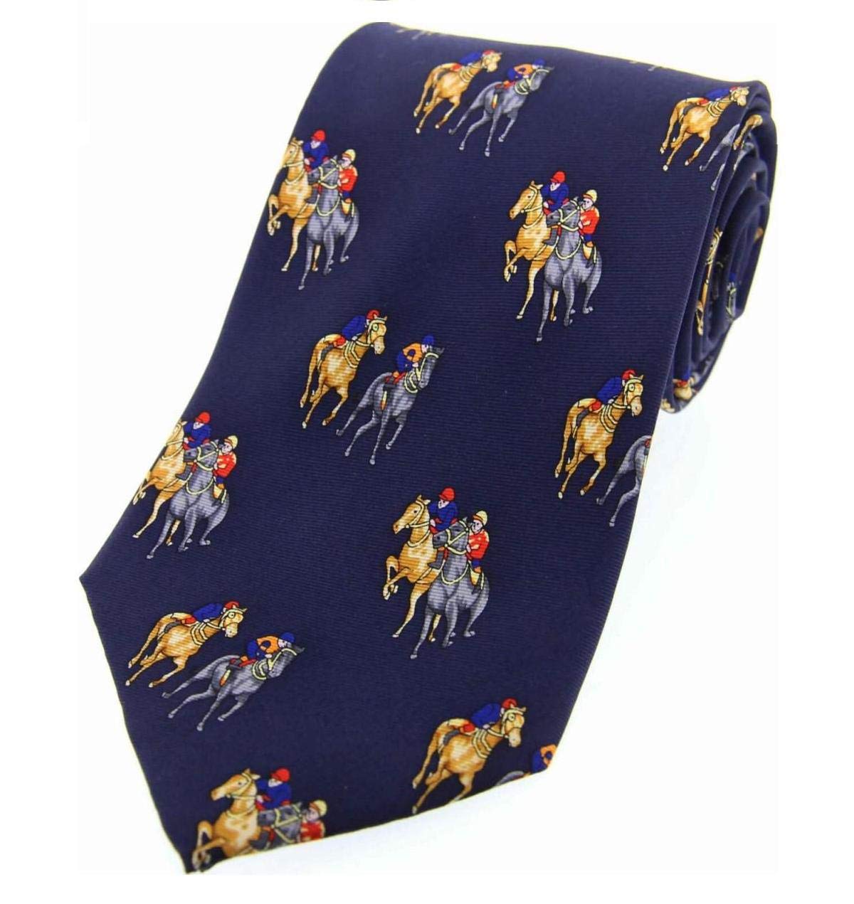 Navy Blue silk tie with horses being ridden by their jockeys