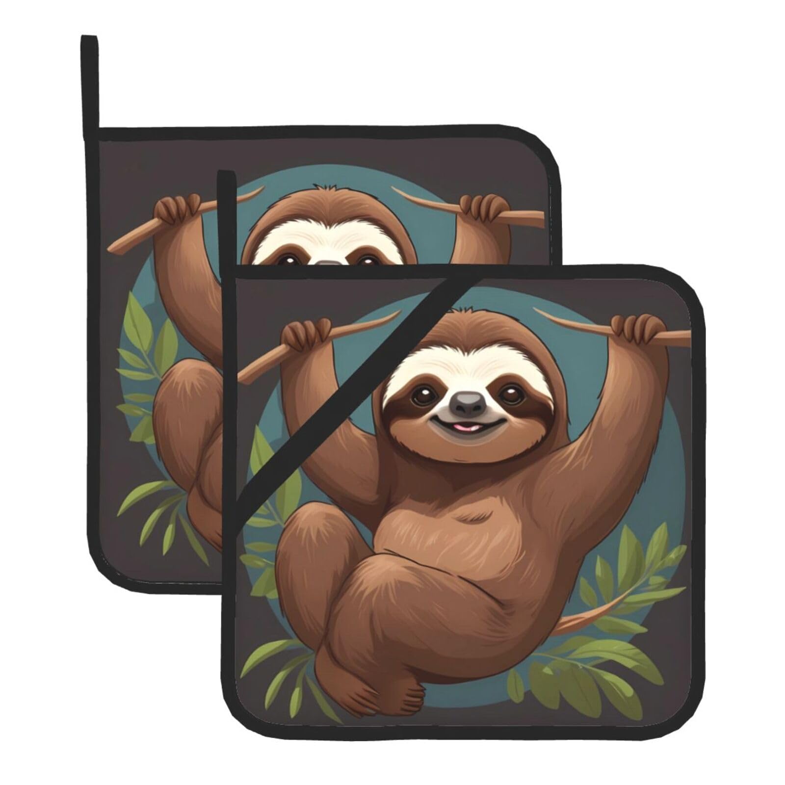 HJFCZH Brown Sloth Printed Square Insulated Pot Mat Set (2-Piece) 8x8in Waterproof, Thickened & Easy to Clean with Lanyard Design for Kitchen, Oven & BBQ