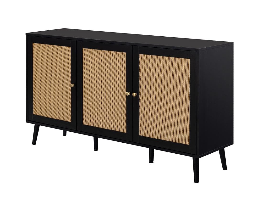 Bestmobilier Goto - Buffet Bas - Noir et cannage - 140 cm