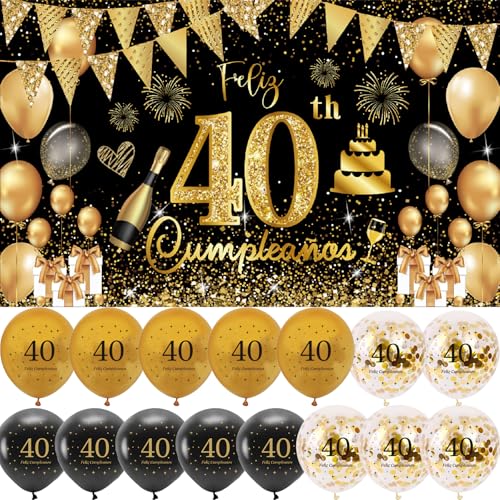 (1+15) Decoración para Cumpleaños 40 Escrita en Español 1 Pancarta Feliz Cumpleños 40 Decoración 40 Años Negro Oro Happy Bithday Fondo Cartel con15 Globos para Cumpleaños Adornos Kit para Cumpleaños