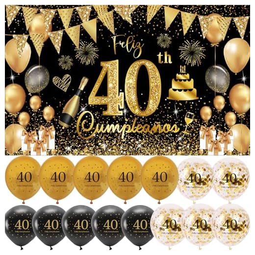 (1+15) Decoración para Cumpleaños 40 Escrita en Español 1 Pancarta Feliz Cumpleños 40 Decoración 40 Años Negro Oro Happy Bithday Fondo Cartel con15 Globos para Cumpleaños Adornos Kit para Cumpleaños