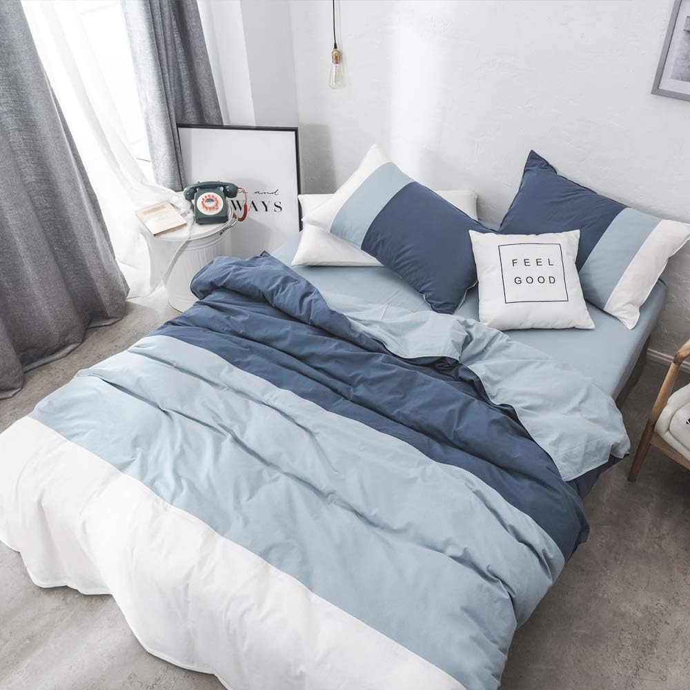 VM VOUGEMARKET Blue White Duvet Cover King Washed Cotton Patchwork Modern Bedding Set with Zipper Ties Big Stripes Duvet Cover Set Perfect for Him and Her-104x90 inch