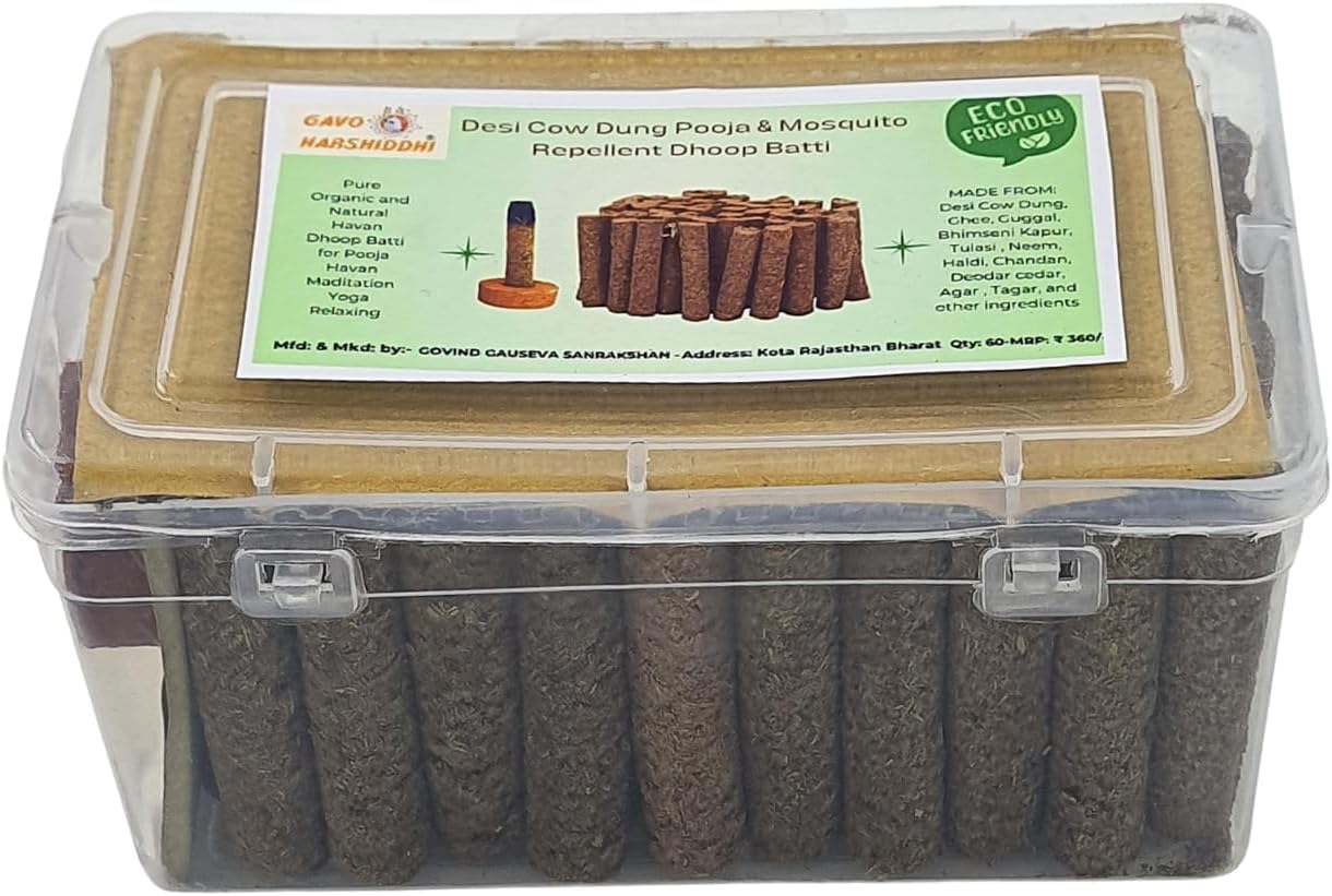 GAVO HARSHIDDHI Desi Cow Dung Dhoop Batti Made by Havan Samagri Guggal Gulab Bhimseni Kapur Neem Tulsi for Pooja/Hawan Mosquito Repellent/ 2.5 Inches Organic Incense Stick (60-Piece)