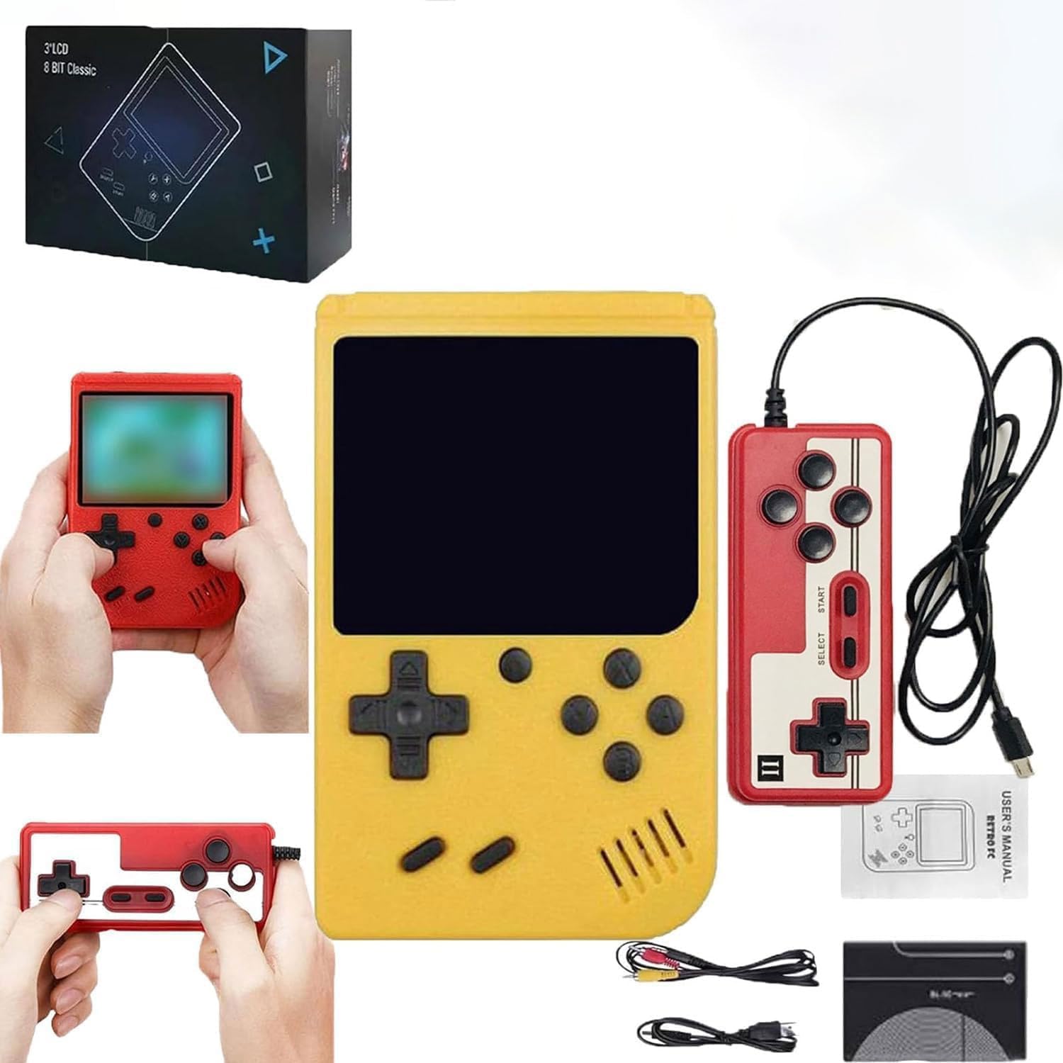Handheld Game Console-Portable Retro Video Game with 400 Classic Games Color Screen, Support TV Connection & Two Players, 1020mAh Rechargeable Battery - Yellow