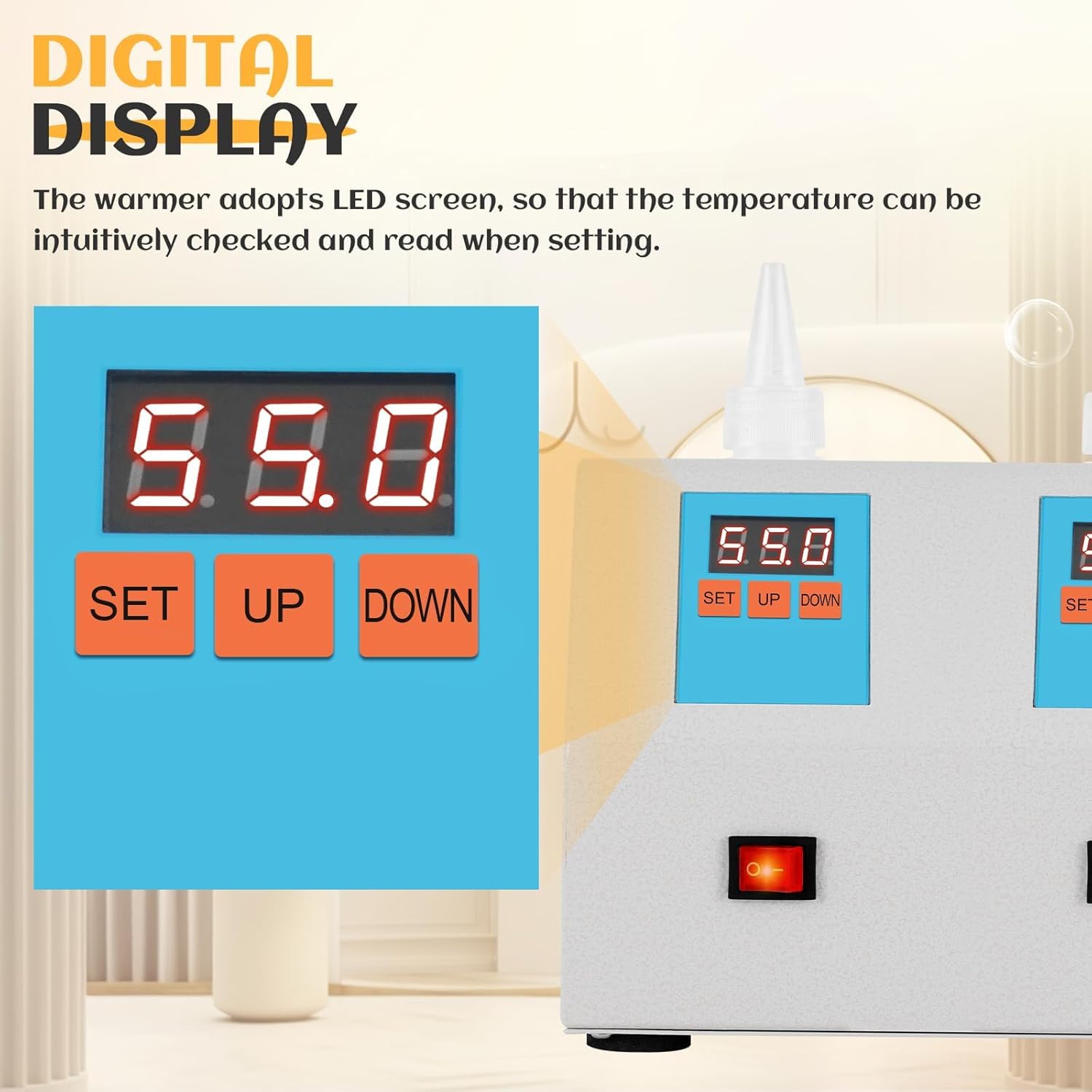 Calentador De Gel por Ultrasonido, Calentador De Gel De 2 Agujeros, 20-55 ℃ Agente De Acoplamiento Calentador De Temperatura Constante, Pantalla Digital LED, Control Independiente