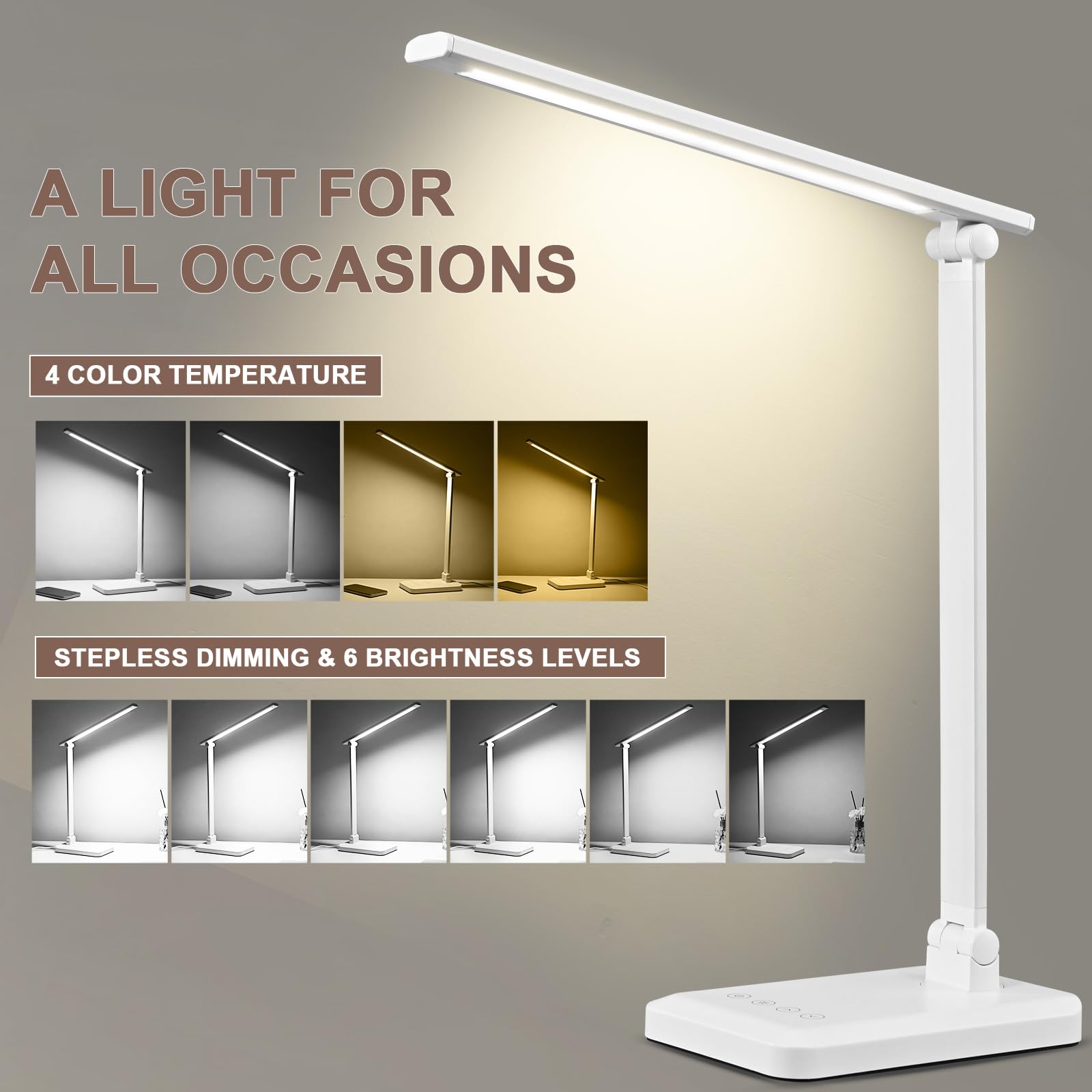 Schreibtischlampe für Home Office, LED-Tischlampe mit USB-Ladeanschluss, augenschonende Tischleuchte für Schlafzimmer, Lesen (weiß)