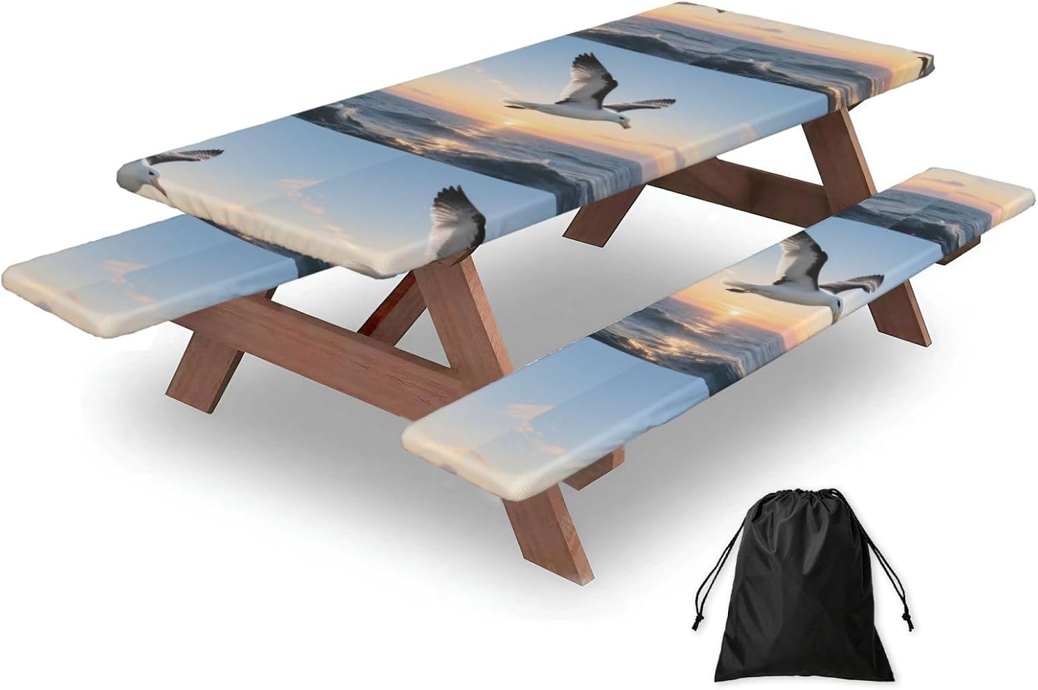 Albatross Picnic Table Cover With Bench Covers And Bag, Windproof Waterproof Rectangle Tablecloth With Elastic Edges Fitted Camping Table Covers Portable Camping Accessories For Picnic Party Travel