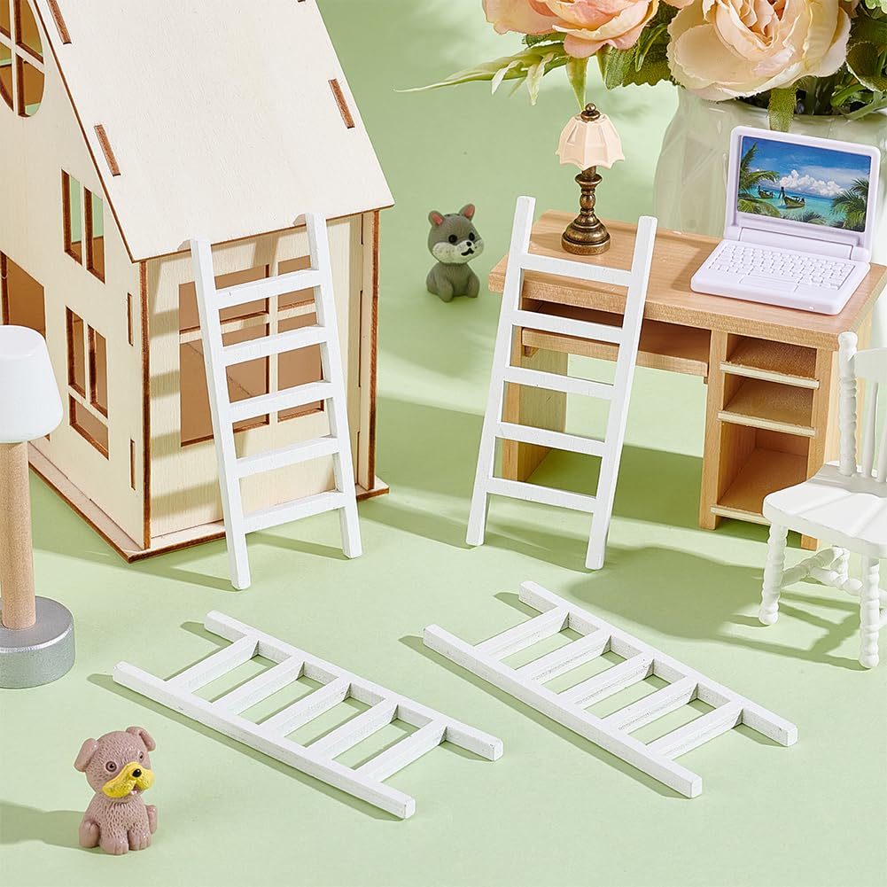 AHANDMAKER 4pcs Miniature Wooden Ladder White Dollhouse Furniture 5mm Thick Garden Accessories for Fairy Landscape Scenes Christmas Tree Decoration Craft Kits - Image 4