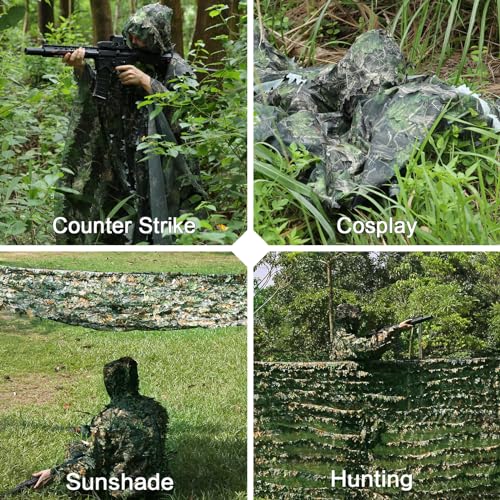 Image of Zicac Outdoor Ghillie Suit 3d Leafy Camo Poncho for Men Hunting Bird Watch Military CS Woodland Hoodie Camouflage Cloak