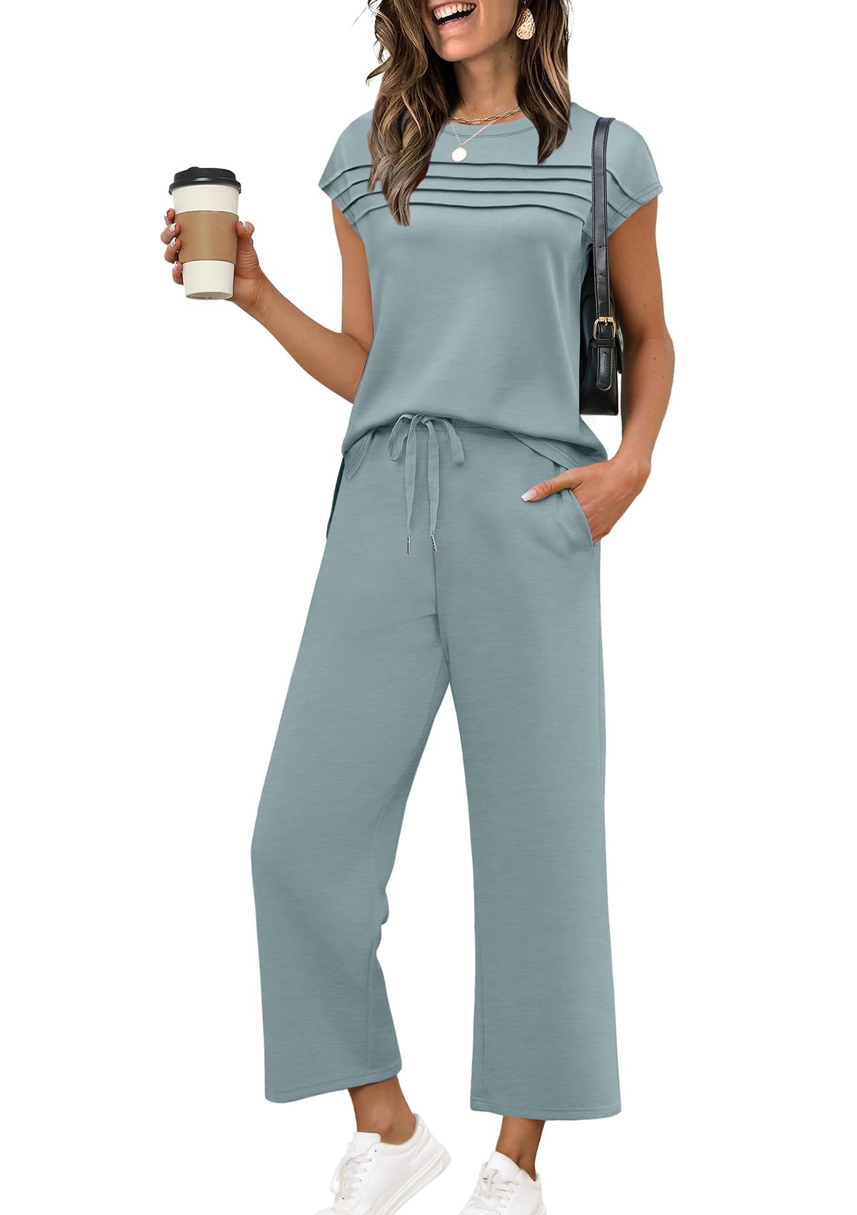 WIHOLL Two Piece Sets for Women Summer Spring Travel Vacation Outfits Cap Sleeve Lounge Matching Sets Wide Leg Pants S-3XL