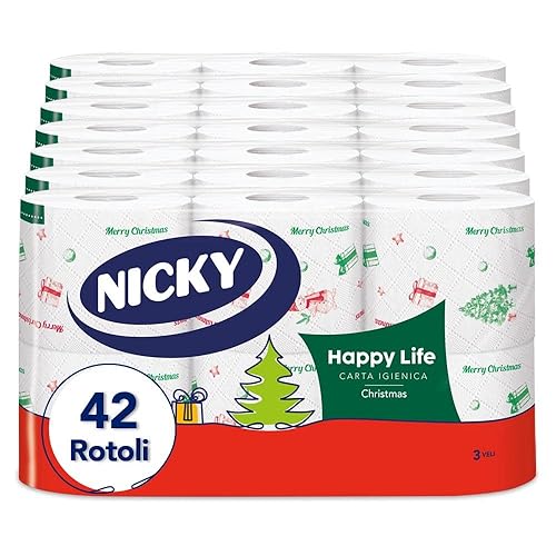 Nicky Happy Life Christmas - Carta Igienica Natalizia, 42 Rotoli da 170 Strappi, a 3 Veli, Apertura Facilitata, 4 Fantasie con Decori Natalizi, Morbida e Resistente, Allegra e Festiva, Carta FSC