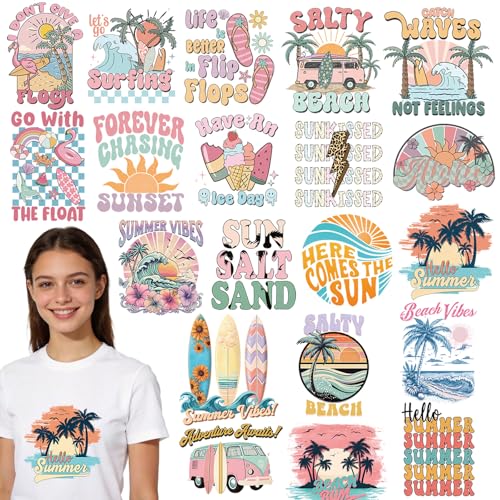 Dazoratix Summer Iron on Transfers - 20 Sheets Hello Vibes Beach Sun Salt Sand DTF Ready to Press Heat Patches Vacation Stickers Vinyl Decals for T Shirts Clothes Pillow Bag Hat DIY Crafts Decorations