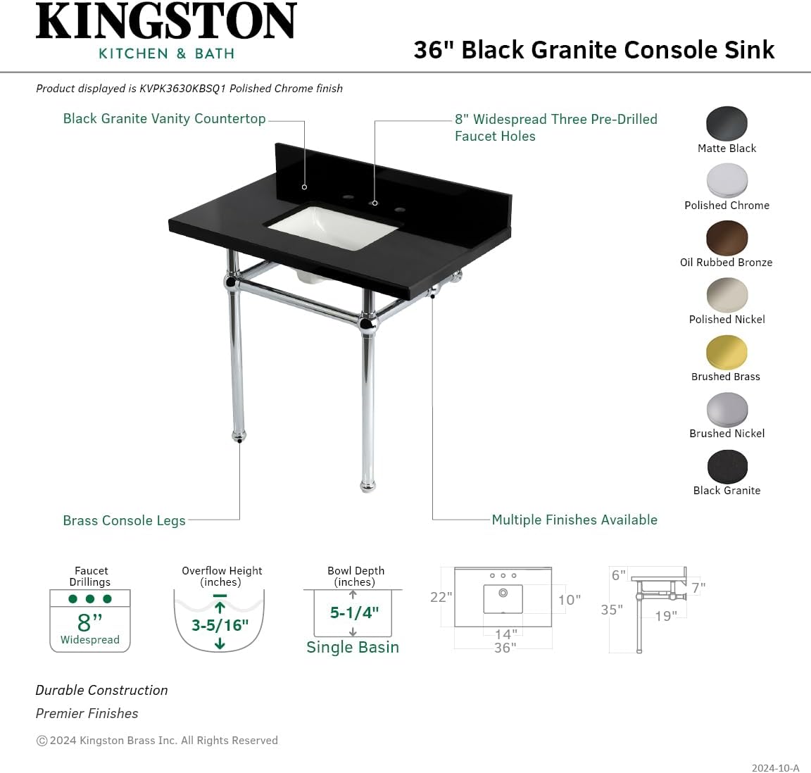 Kingston Brass KVPK3630KBSQ0 Templeton 36" Black Granite Console Sink with Brass Legs, Black Granite/Matte Black