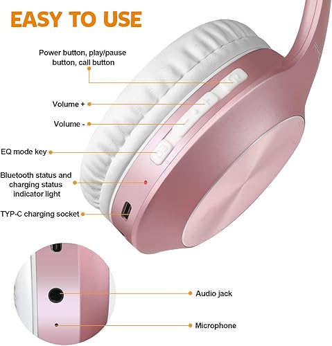 Miniatura 6 de Auriculares inalámbricos Bluetooth sobre la oreja con tiempo de reproducción de 68H, auriculares estéreo HiFi con micrófono y modos 3EQ, auriculares
