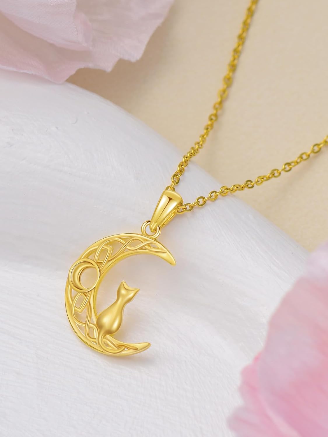14k Gold Cat Necklace for Women,14k Solid Gold Cat Moon Pendant Necklace Chrismas Gifts for Women Her Girlfriend Wife Sister Mom Daughter Birthday Jewelry