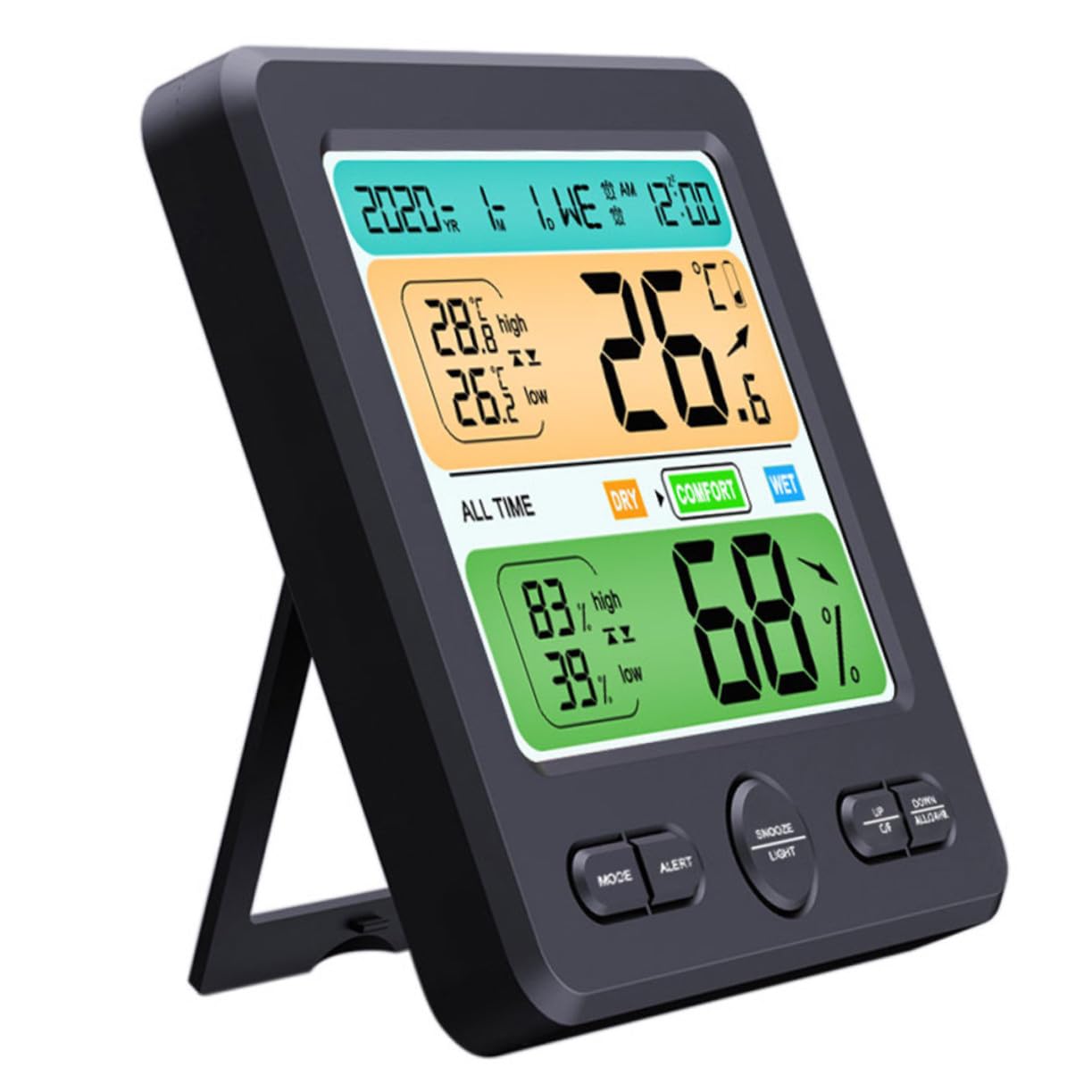 Thermohygrometer Uhr Schwarz mit LED Anzeige, Abs, 1 Stück | Klappbarer Standfuß, ohne Batterie, für Tisch und Wandmontage, Temperaturgenauigkeit ±1 °c, Feuchte ±5 % Rh