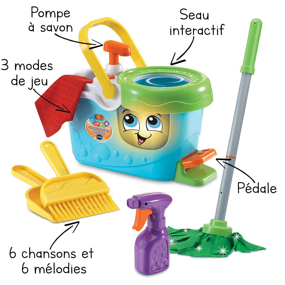 VTech - P'tit Chariot de Ménage Magi'Clean, Seau Essoreur à Pédale Interactif, Jouet Électronique Sons et Lumières, 6 Pièces et Accessoires de Jeu, Cadeau Enfant Dès 3 Ans - Contenu en Français