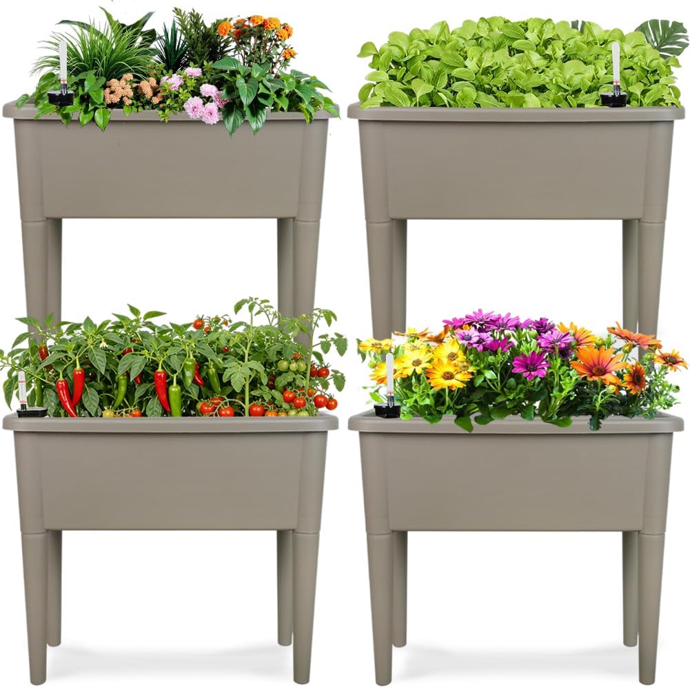 4 Pcs Self Watering Elevated Raised Garden Bed, Large Outdoor Plastic Planter Box Big Flower Plant Pot for Planting Flowers Vegetables and Herbs (4, Khaki)