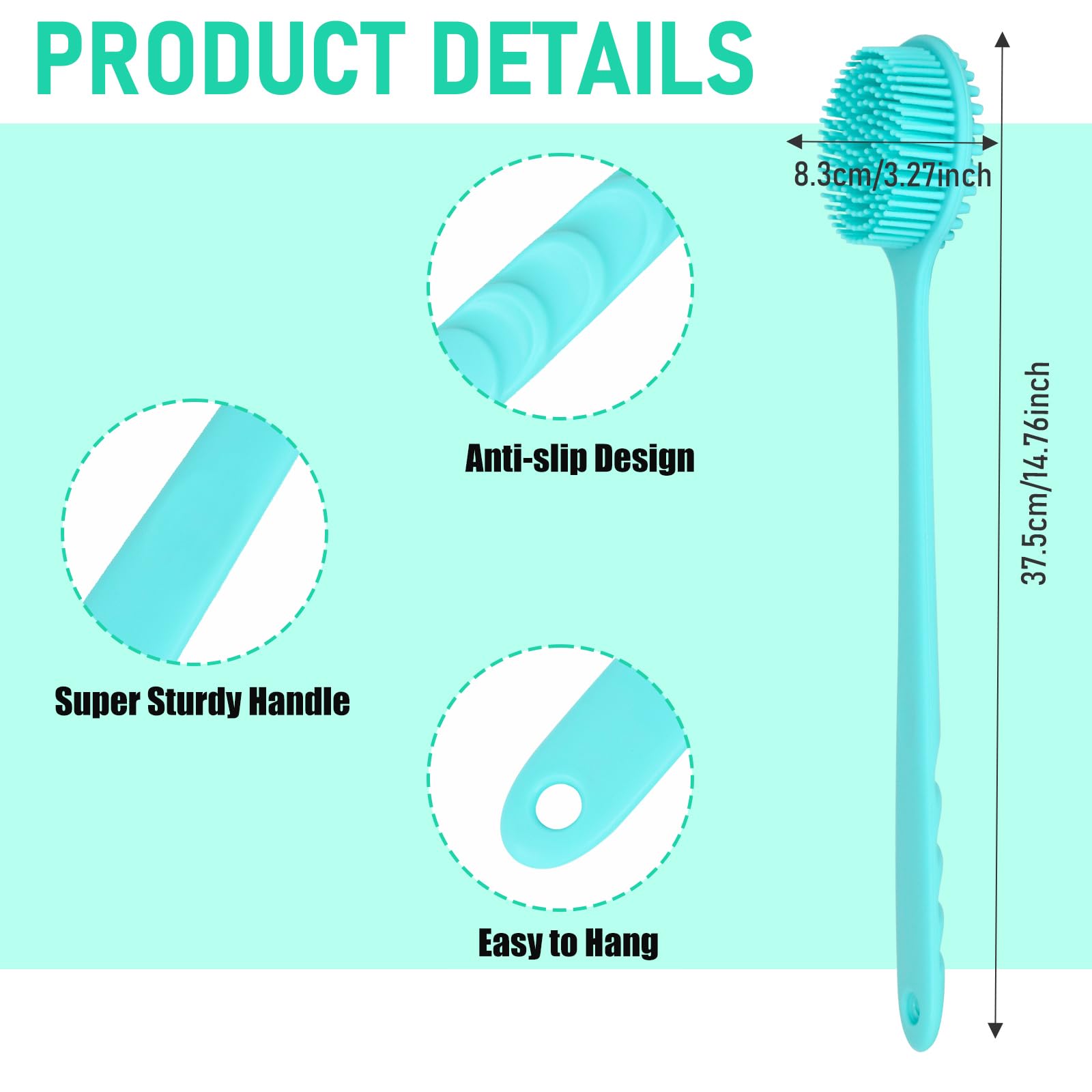 KXF Silicone Back Scrubber 37.5cm Long Handle Double-Sided Shower Body Brush Body Scrubber Bath Wash Brush with Soft Lathering Bristles and Stiff Massage Nodes Gentle Exfoliating Showering Exfoliator - Image 2