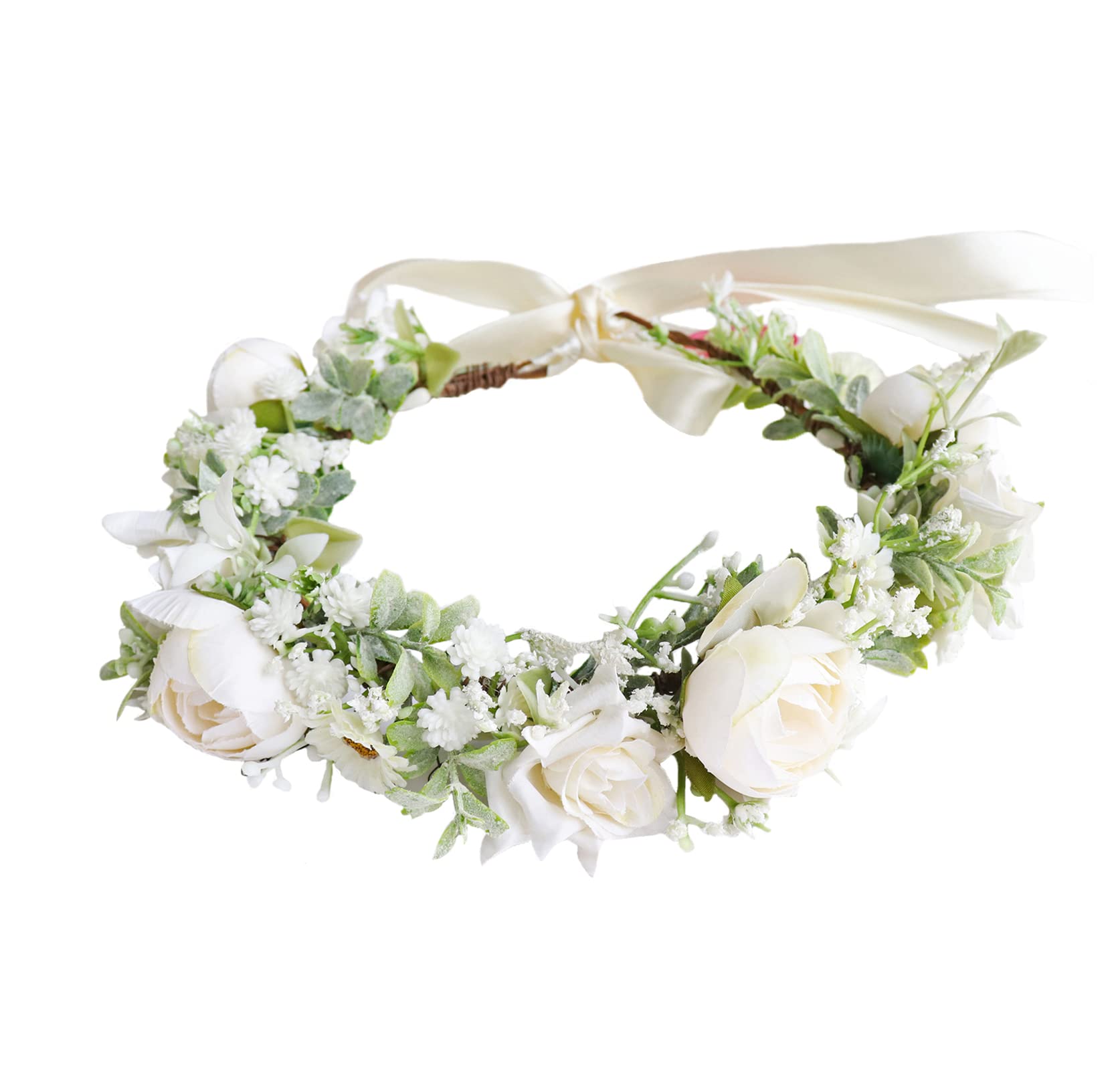 Vivivalue Fairy Flower Crown White Floral Headband Elf Headpiece for Women Princess Wedding Bridal Shower Cosplay Renaissance Photo Prop