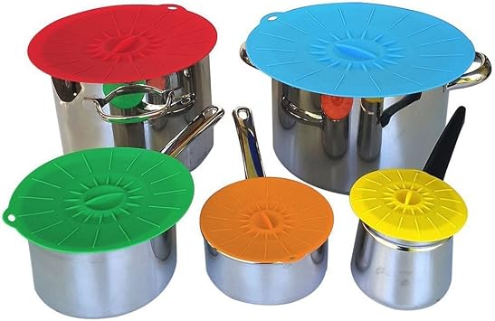 Silicone Suction Lids , Reusable Silicone Dustproof Heat-Resistant Cover, Fit Any Round Container Flat Rim, Great for Frying Pans Casseroles Woks - 5 sizes