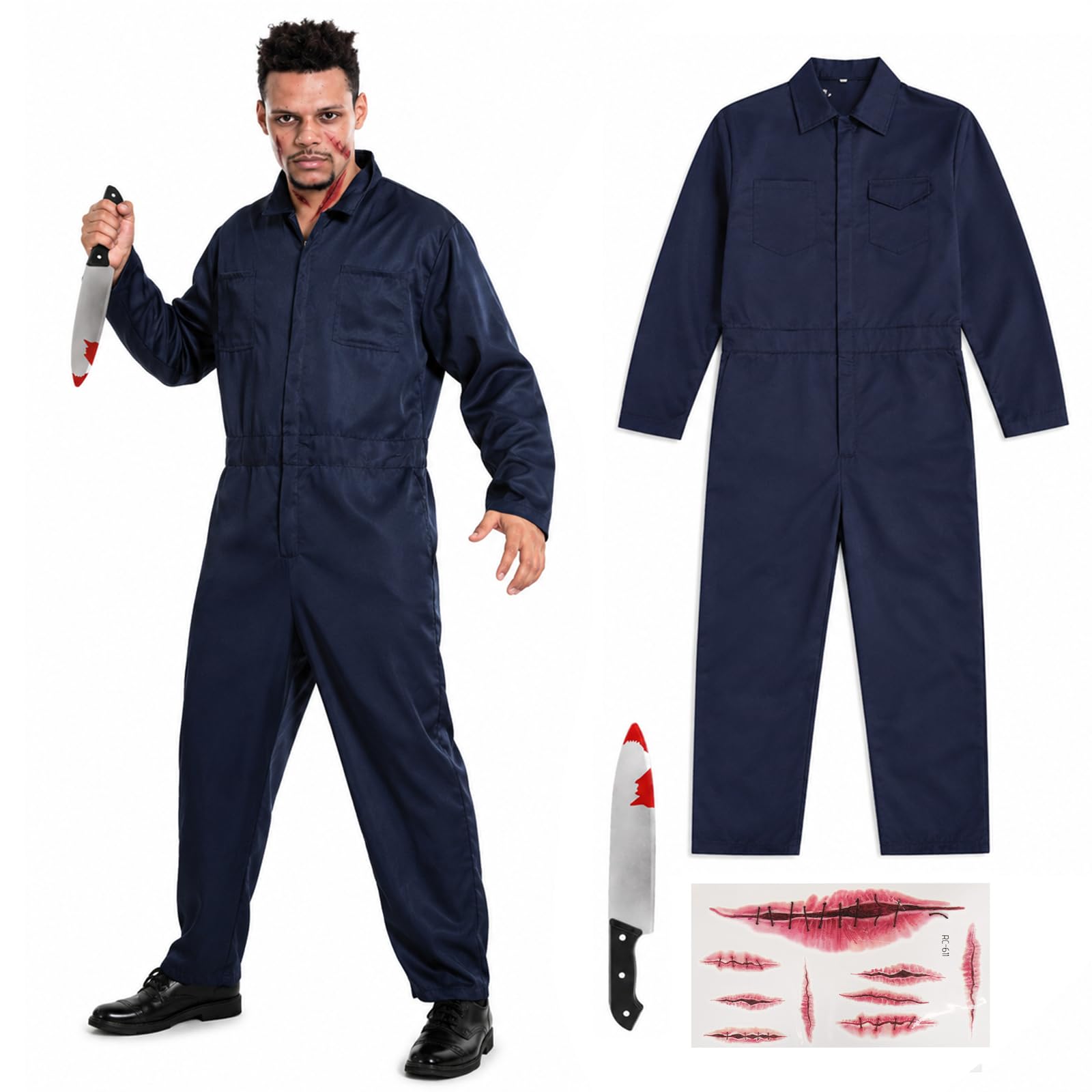JoyFuncos Michael Myers Costume Adult Halloween Mike Myers Jumpsuit Outfit Horror Scary Killer Cosplay Overalls Suit with Knife for Men Women (S)