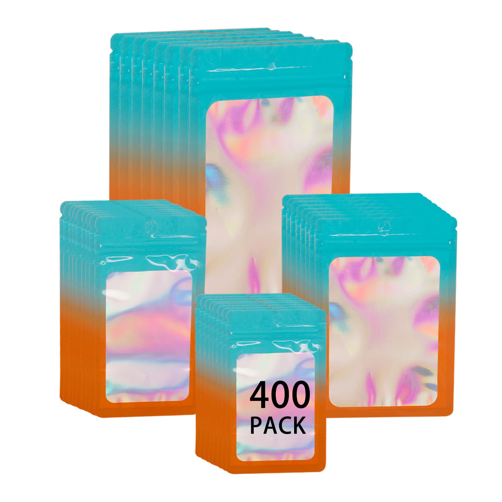 400 Pack 4 Sizes Resealable Mylar Holographic Bags Food Storage Smell Proof Bags with Front Window Foil Packaging Pouch for Sample Jewelry Small