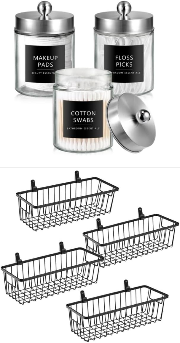 SheeChung Qtip Dispenser Holder 3pcs, Glass apothecary jars with Stainless Steel Lids &Stickers Farmhouse Metal Wire Bin Basket with Wall Mount - Small, 4 Pack - Portable Hanging Wall Basket