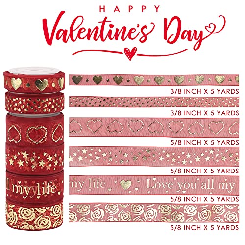 Meedee Valentine Ribbon For Gift Wrapping 6 Rolls 30 Yards Valentine's Day Ribbon Heart Ribbon Red Organza Ribbon Gold Foil Sheer Ribbon Happy Valentines Day Ribbon Thin Ribbon For Gift Wrapping #TOP1