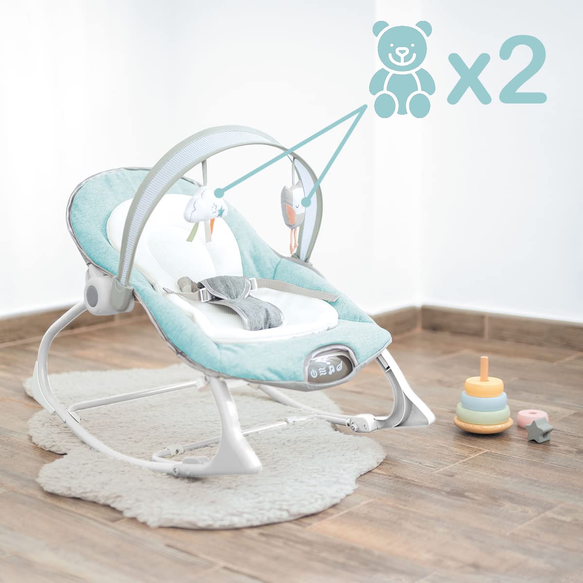 Olmitos- Hamaca multifunción para bebés - Hamaquita 2 en 1 con balancín Mecedora de 0 a 18 kg - vibración y Sonido - Incluye Arco de Juguetes (Menta)