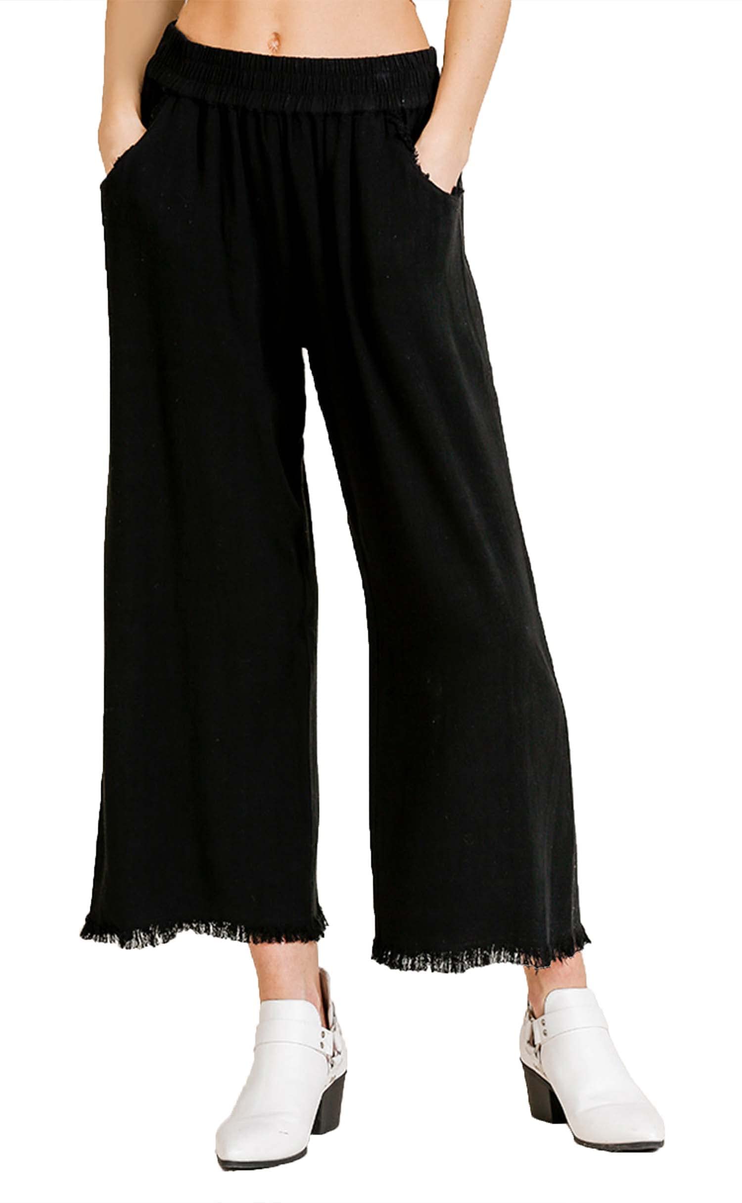 Umgee Womens Wide Leg Pant with Elastic Waist Pockets and Frayed Hem US Alpha Small Regular Regular Black