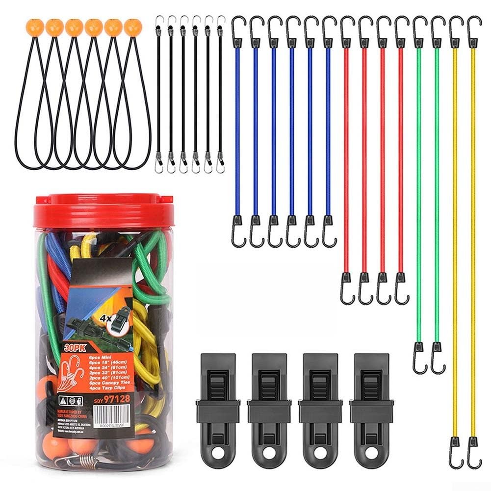 Set di 30 corde elastiche in gomma con ganci in vinile e clip per telone per fissare moto, biciclette, campeggio e carichi (30 pezzi)