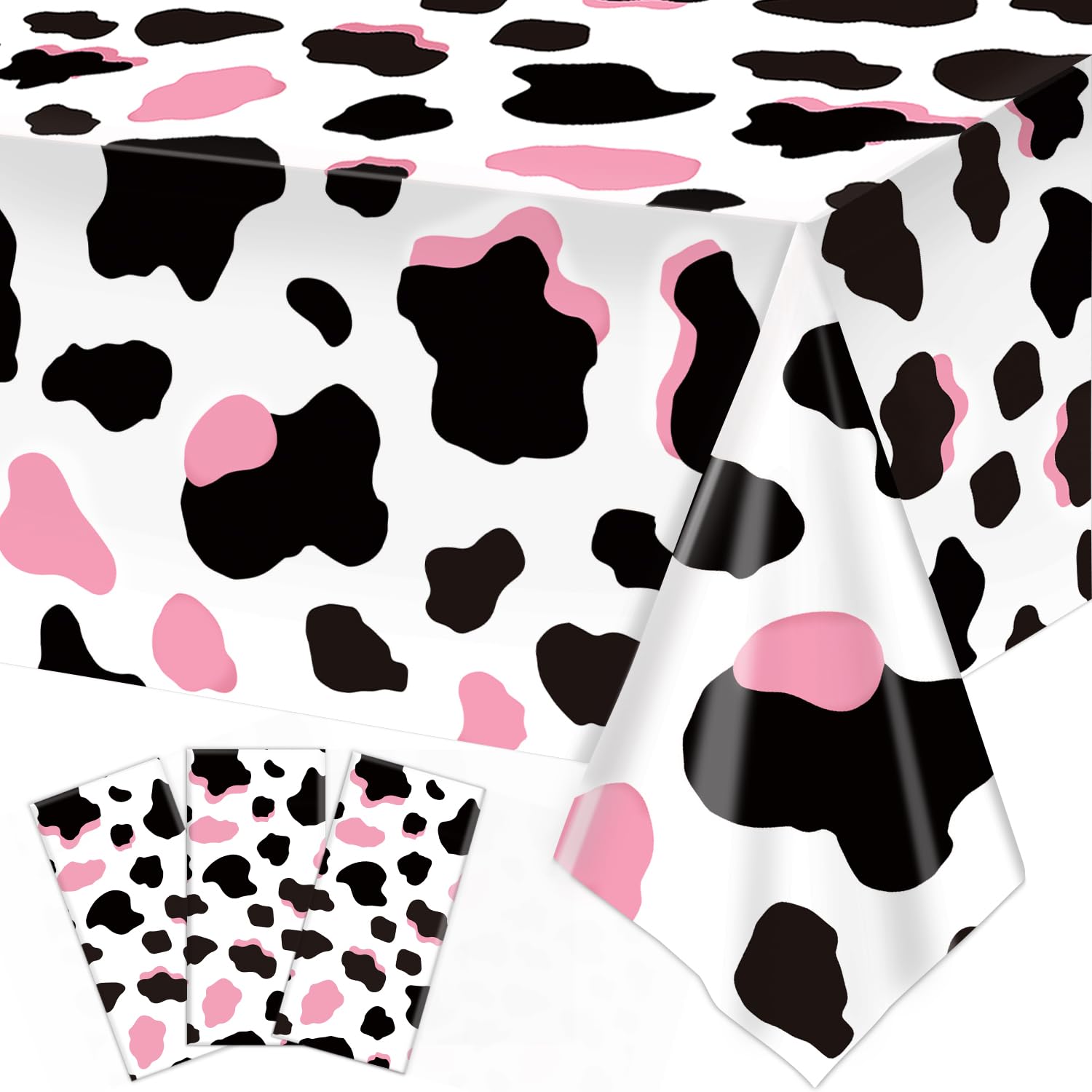 LINHAXM 3 Pack Pink Cow Print Tablecloth - Cow Birthday Party Table Cloth Cow Print Table Cover for Disco Pink Cowgirl Birthday Decorations Supplies, 108 x 54 Inch