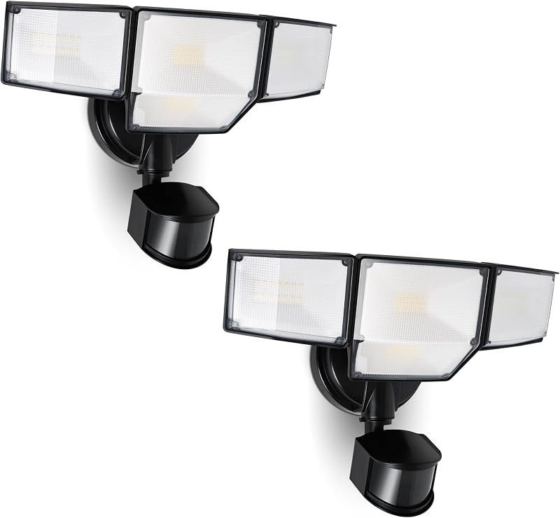 LUTEC Luces LED de seguridad de 80 W, 9000 lm, luces exteriores con sensor de movimiento, 4 luces LED de inundación para exteriores, luz diurna de 5000 K, IP65 impermeable, luces detectadas por movimiento para exteriores, garaje, patio (negro) - Paquete de 2