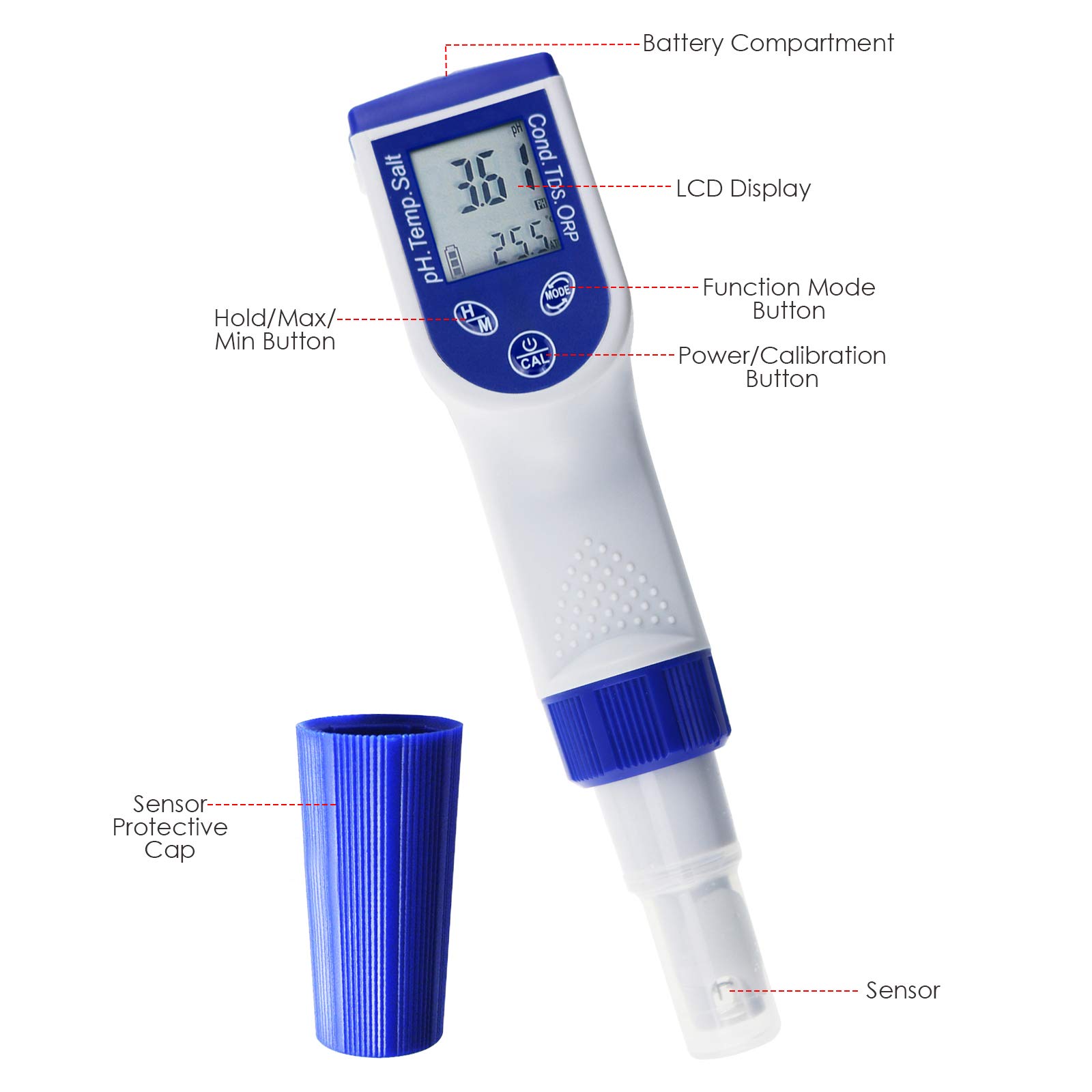 Testeur de qualité de l'eau 6-en-1 pH-mètre Multi-paramètres Kit (pH ORP TDS Salinité Conductivité CE Température Meter) Étanche Numérique type de stylo avec Remplaçable Sonde ORP