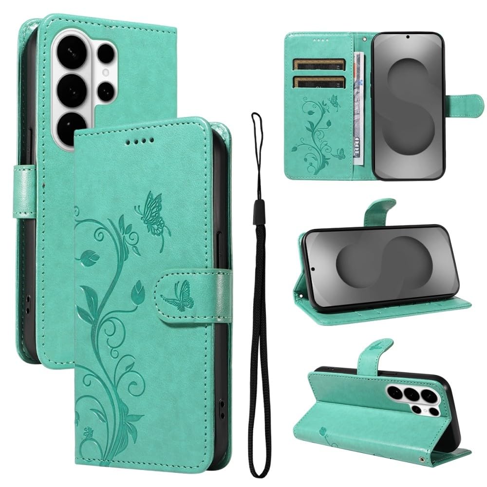 Étui Samsung S23 Plus vert à rabat magnétique avec motif arbre papillon