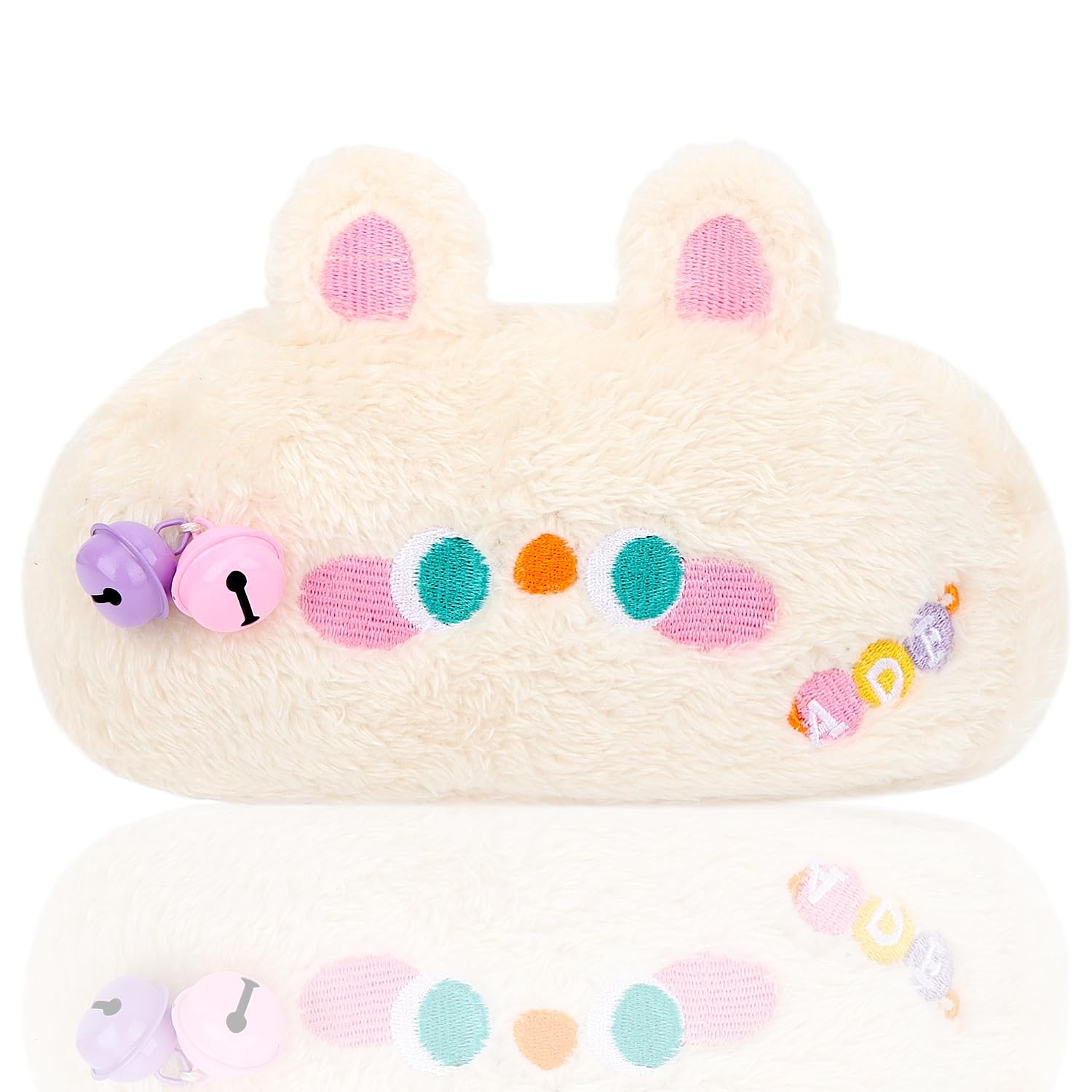 MOTIBACK Plush Cute Animal Pencil Case with Bell - Beige Rabbit, 20x11.5cm Soft Fluffy Pencil Pouch with Durable Zipper, Kawaii Stationery Case for School and College