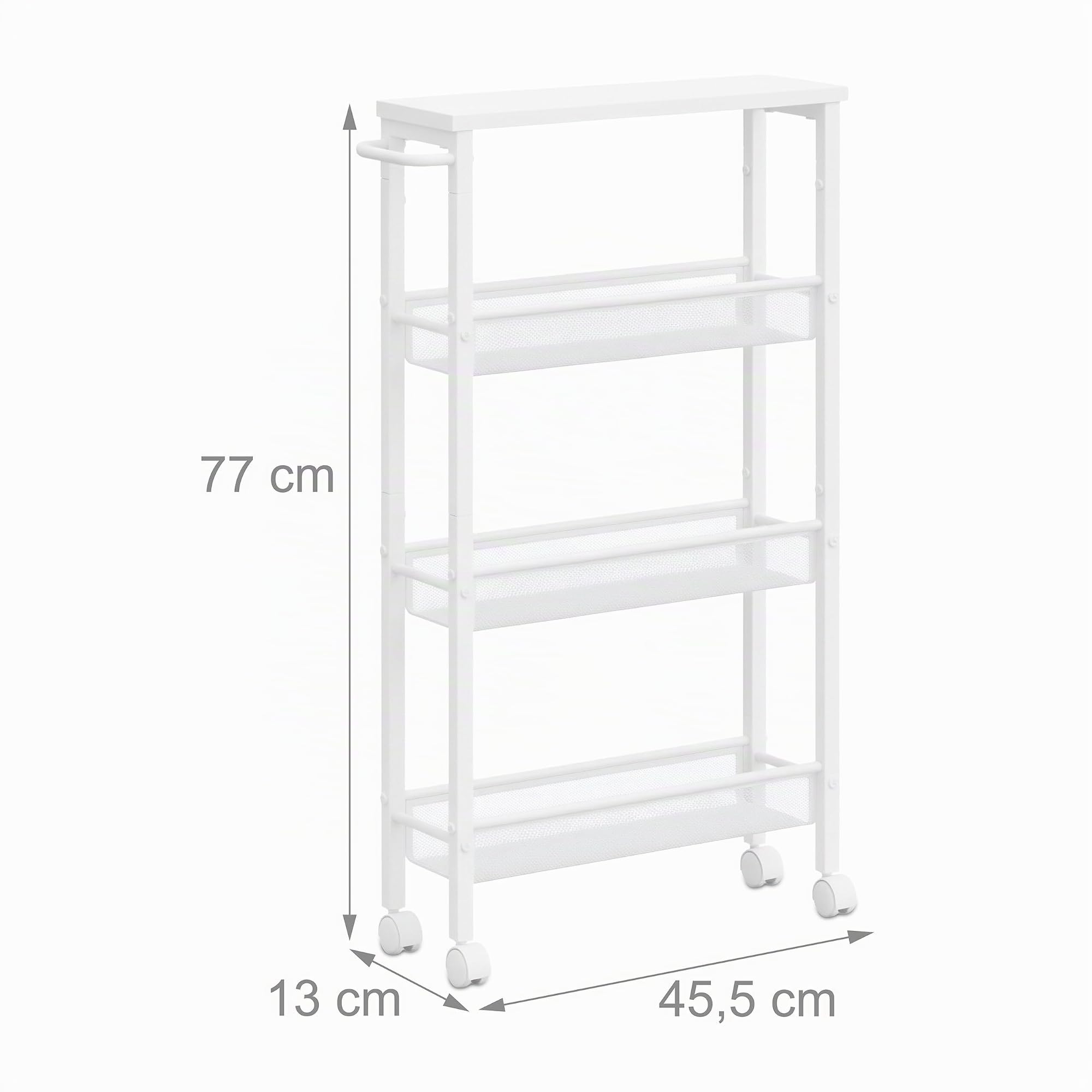 Relaxdays Chariot étroit HxLxP 77x13x45,5 cm pour SdB/Cuisine, 4 Niveaux à roulettes, métal Blanc