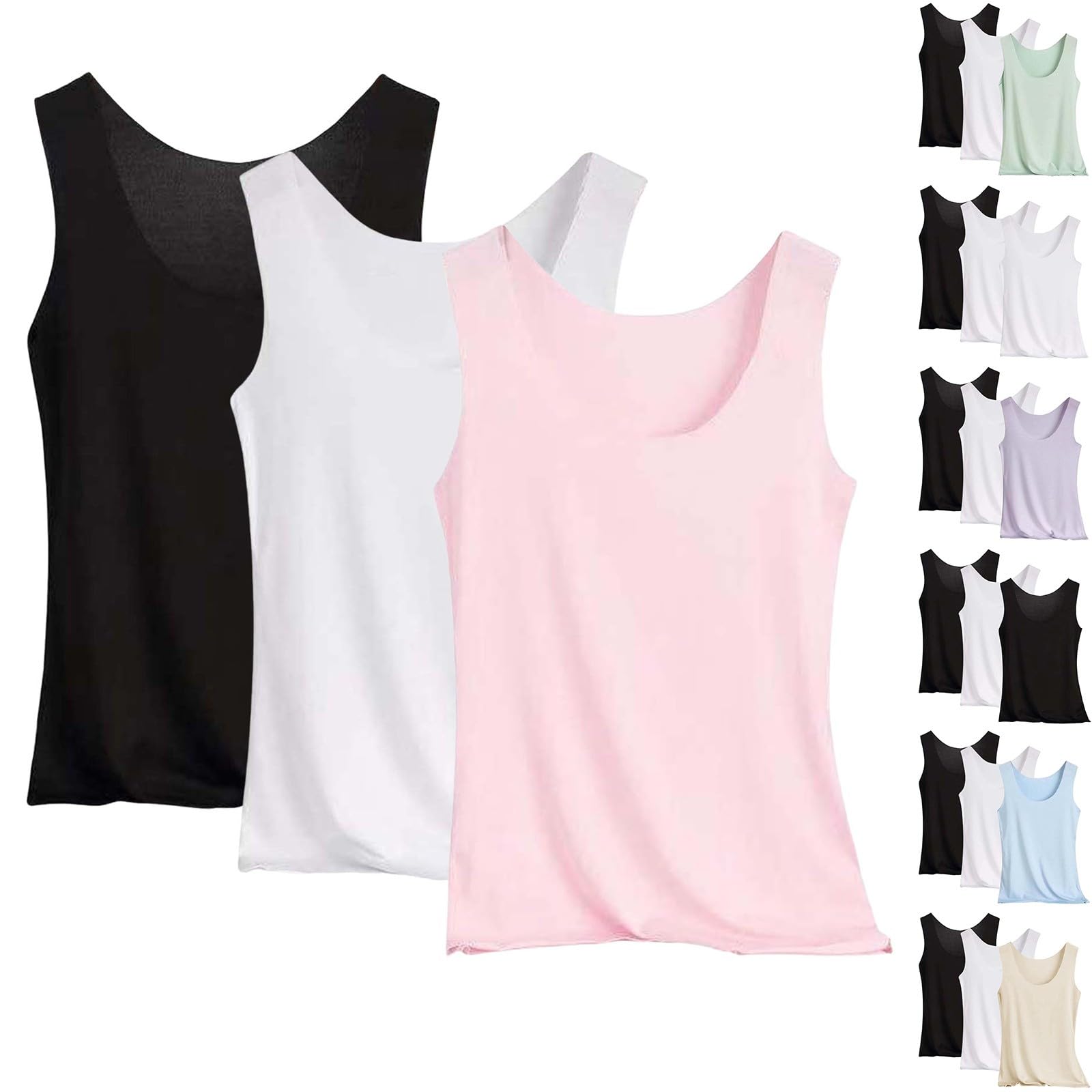 3PC Sleeveless Tops for Women UK Plus Size Silk Vest Tops Summer Tank Tops Basic Camisole Basic Shirt V-Neck Cami Sihrt wear Nightshirts Breathable White