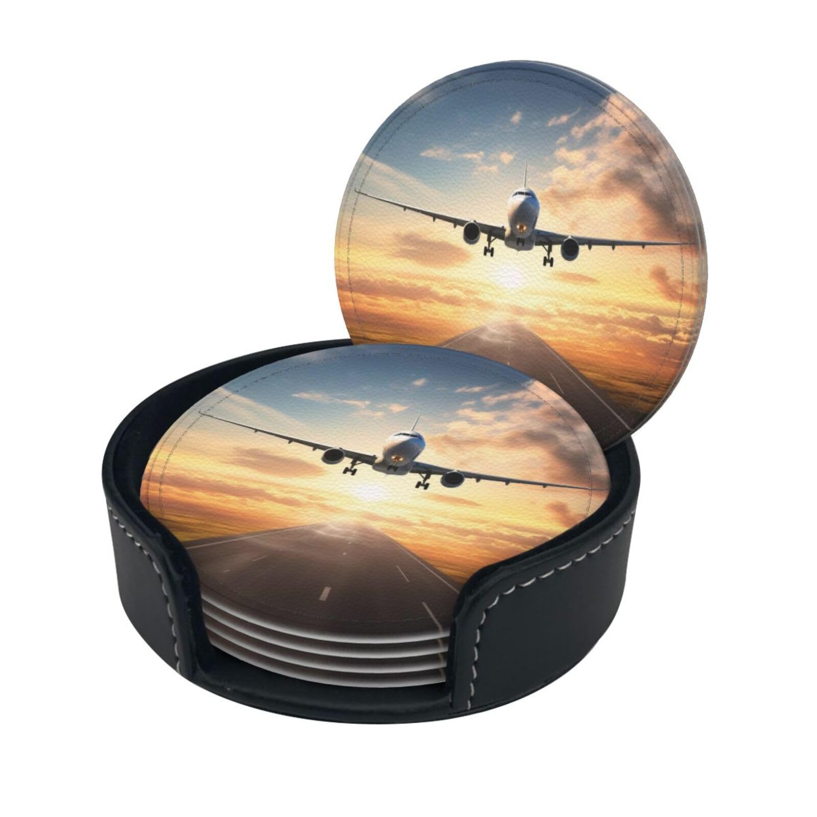 Stylish Coasters - Airplane Set of 6 Round Leather Drink Coasters with Holder - Perfect Size for Cups and Glasses