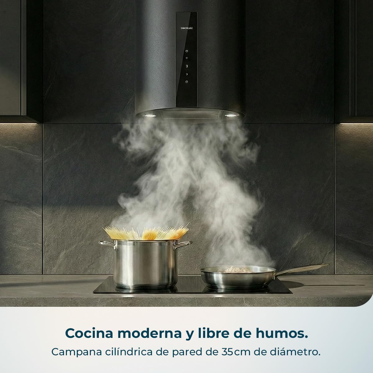 Cecotec Campana Extractora Redonda de Pared 35 cm Bolero Flux DRT 358000 Black A++. Acabado en Negro, Succión 715 m³/h, 2 Velocidades + Función Booster, Filtros de Carbono, Clase A++, Control Táctil
