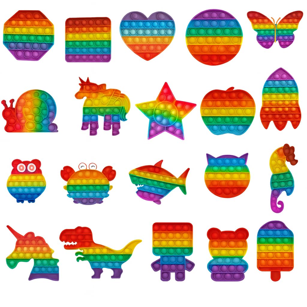 Ranzah 20 value Pack Rainbow Pop It Fidget Toys – Silicone Sensory Bubble Poppers Set for Kids, ADHD Stress Relief Anxiety Toys, Assorted Shapes -Classroom Rewards, Party Favors & Gifts