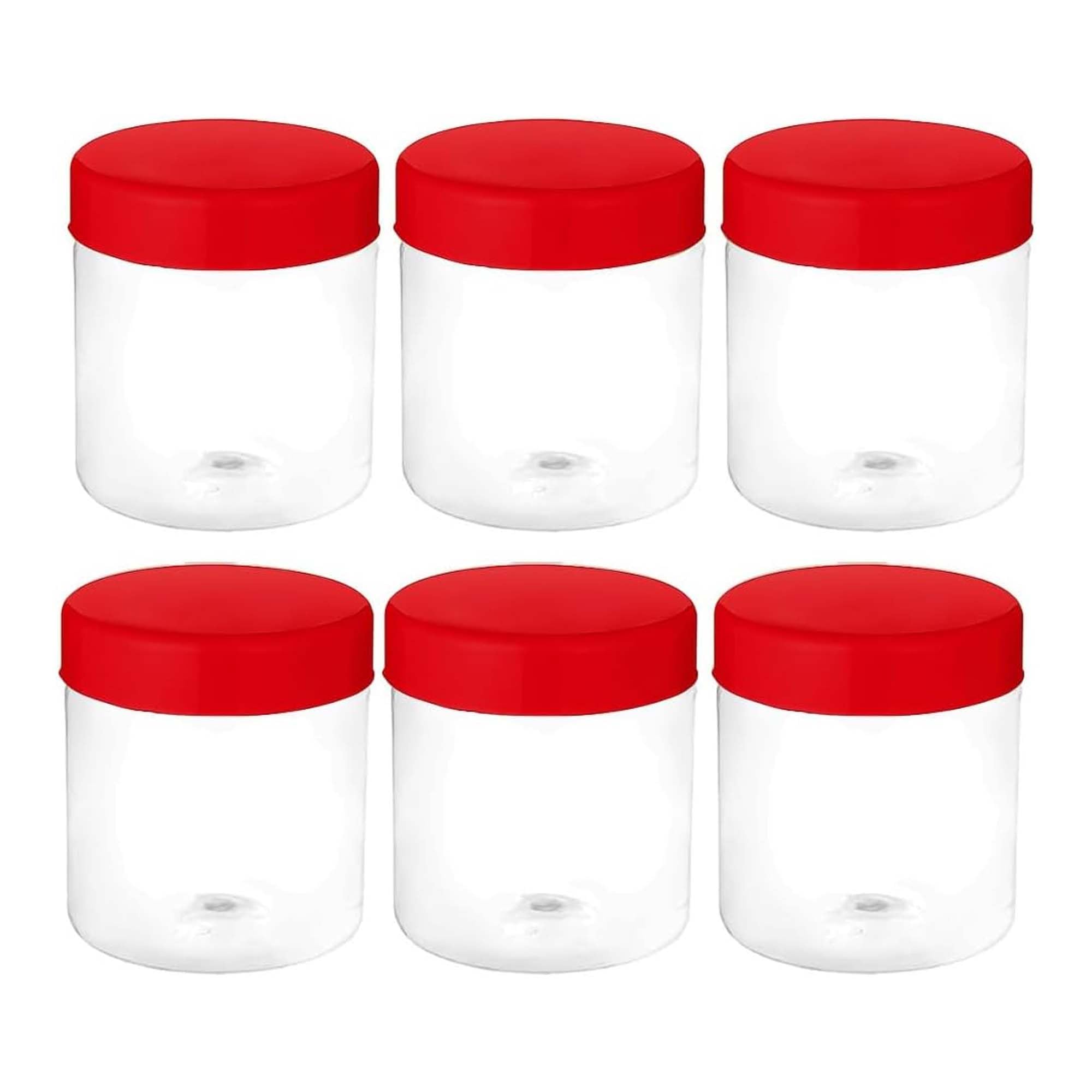 PEBBLE HUG Plastic Storage Jars With Red Lids, Effortless Cleaning, Easy Scooping, Leak-Resistant, Long-Lasting Freshness, Crystal-Clear, Multipurpose Utility for Kitchen, Office, (100ml (Pack of 6))