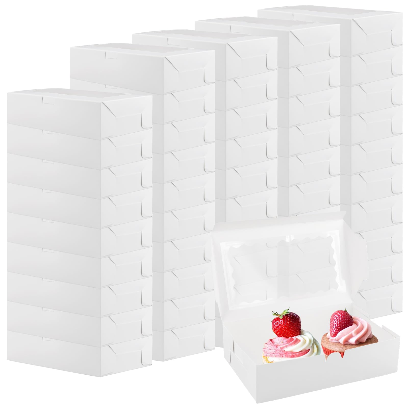 MOUYAT Paquete de 50 cajas de panadería blancas con ventana, 23 x 14 x 6 cm, cajas de galletas para macarrones, cupcakes, magdalenas, donas
